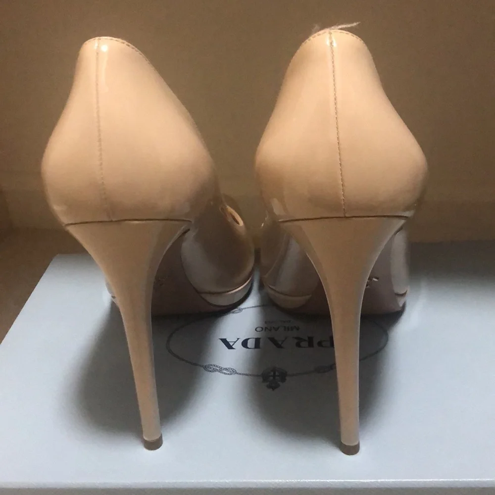 PRADA Nude Patent Leather Platform Peep Toe Pumps size 39